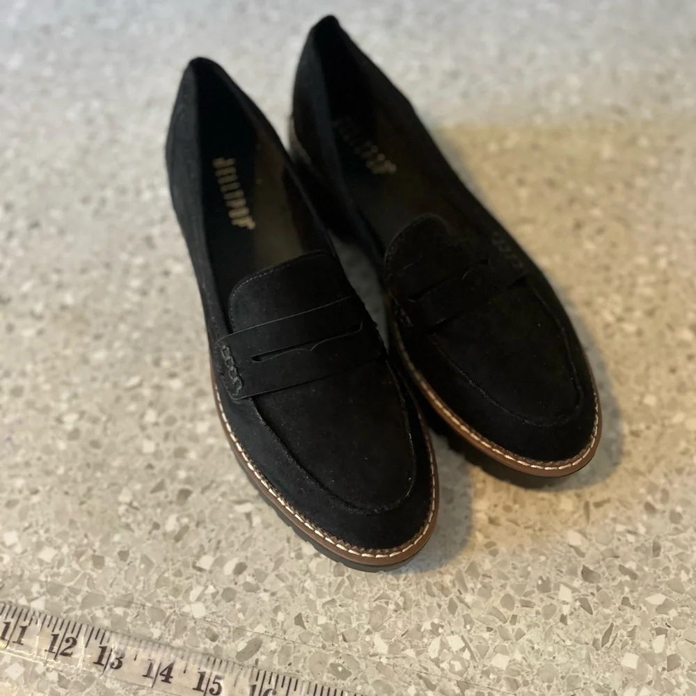 New Jelly Pop chunky Black Suede heel penny loafers women's Size 11